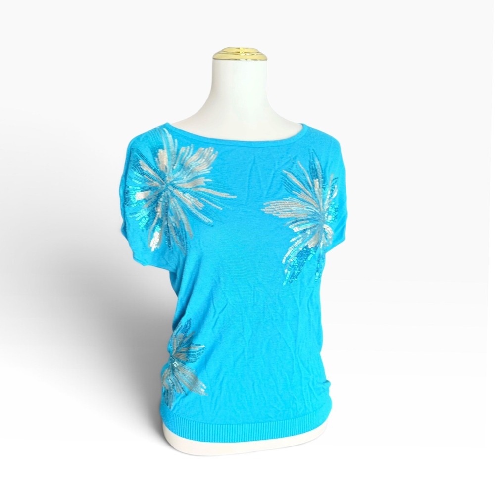 INC International Concepts Petite Blue Sequin Firework Sweater P/S Dolman Top